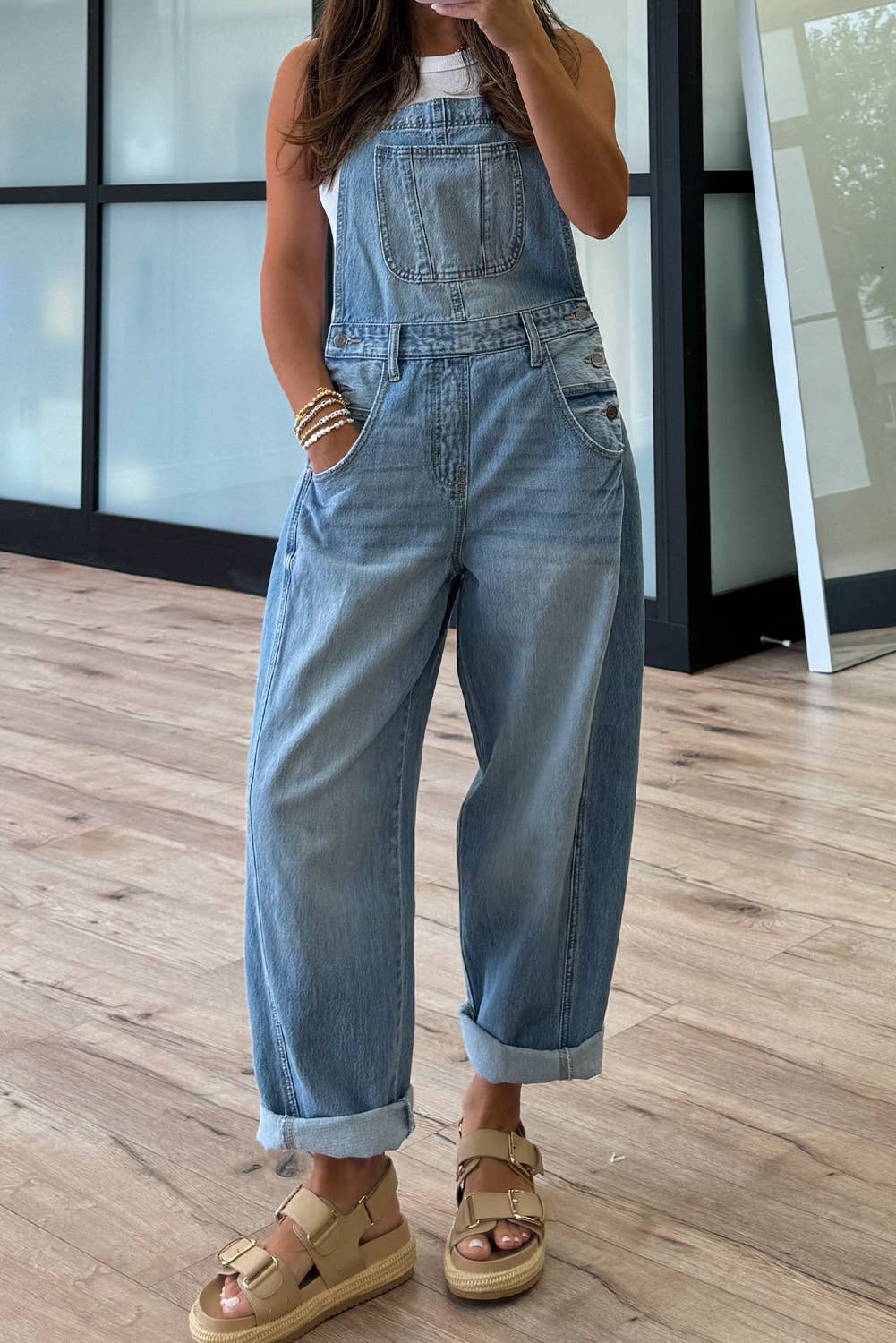Adjustable Buckle Barrel Denim Overalls
