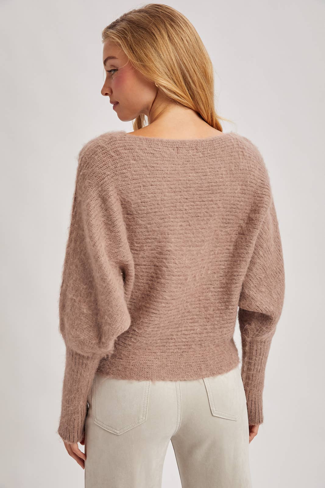 BOAT NECK BRUSHED FUZZY KNIT SWEATER