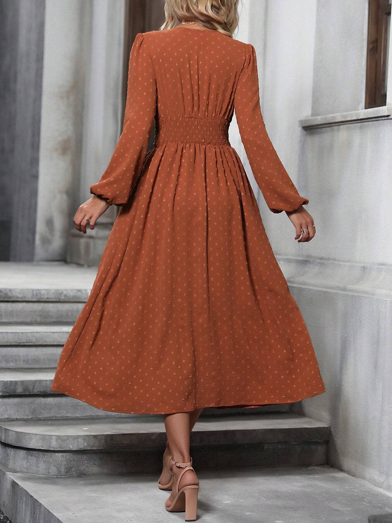 V Neck Lantern Sleeve Pleated High Waist Smocked Dress