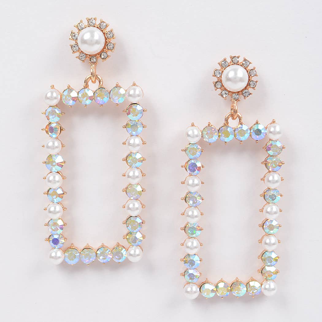 3AM BY H&D ACCESSORIES - Faux Pearl Rectangle Rhinestone Dangle Earrings