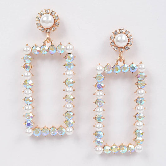 3AM BY H&D ACCESSORIES - Faux Pearl Rectangle Rhinestone Dangle Earrings
