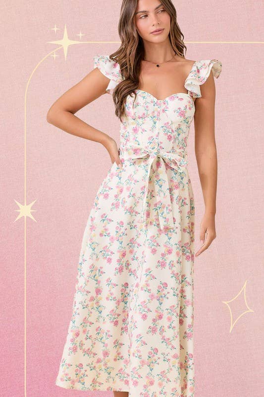 Floral Printed Ruffle Sleeve Midi Dress