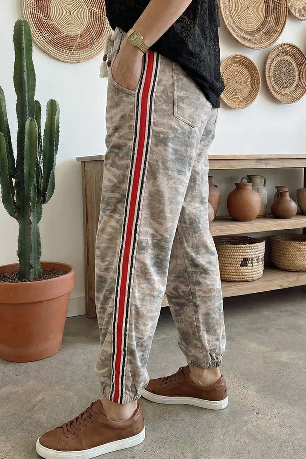 Camouflage Striped Side Panel Patchwork Drawstring Pants