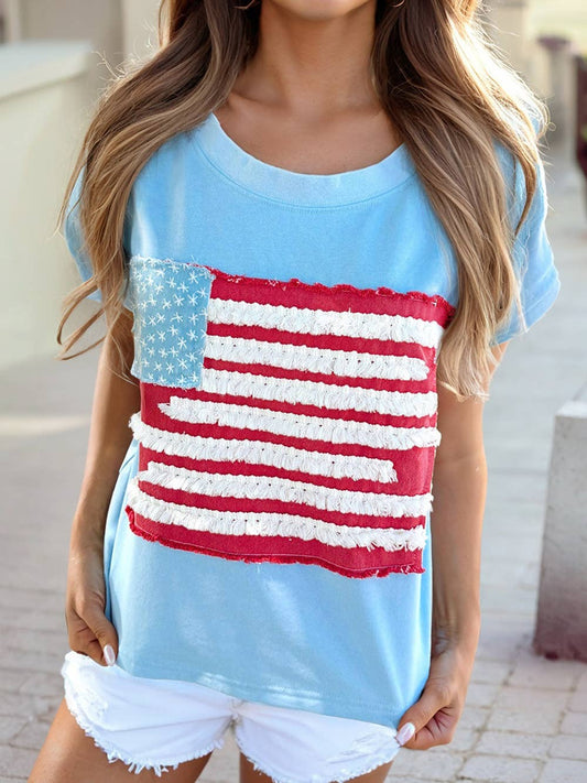 Mist Blue Textured USA Flag Cap Sleeve Top