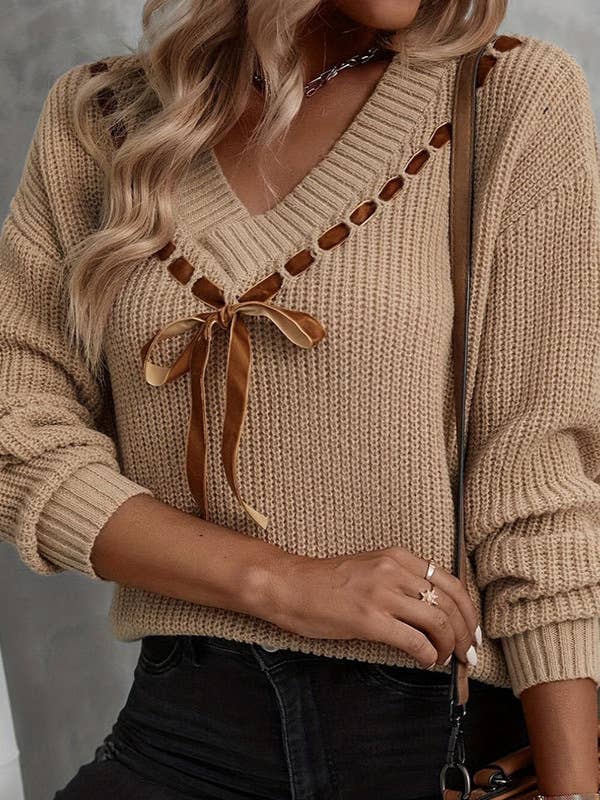 Rosa Clothing - V-Neck Ribbon Bow Lace-Up Knitted Sweater