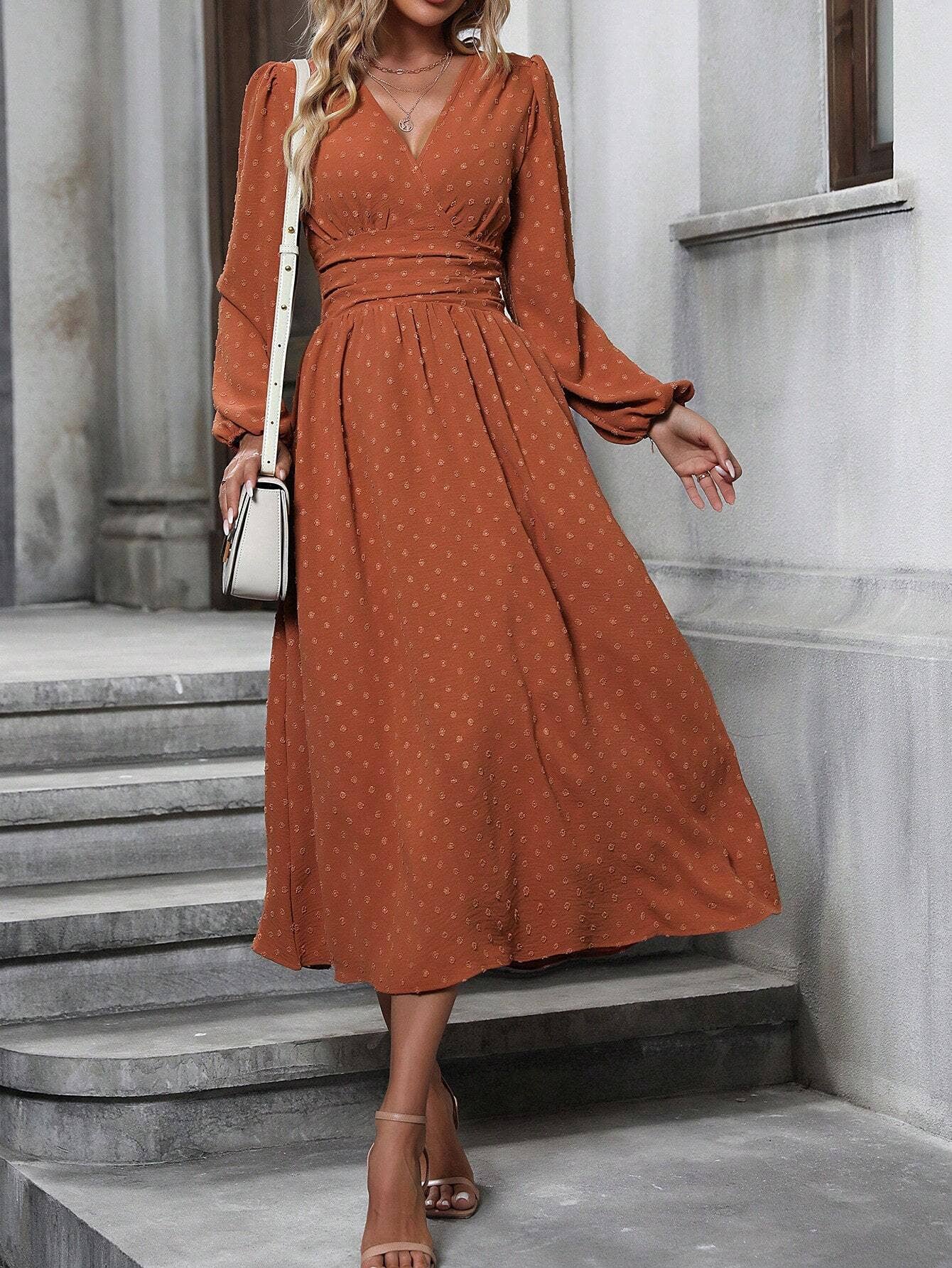 V Neck Lantern Sleeve Pleated High Waist Smocked Dress