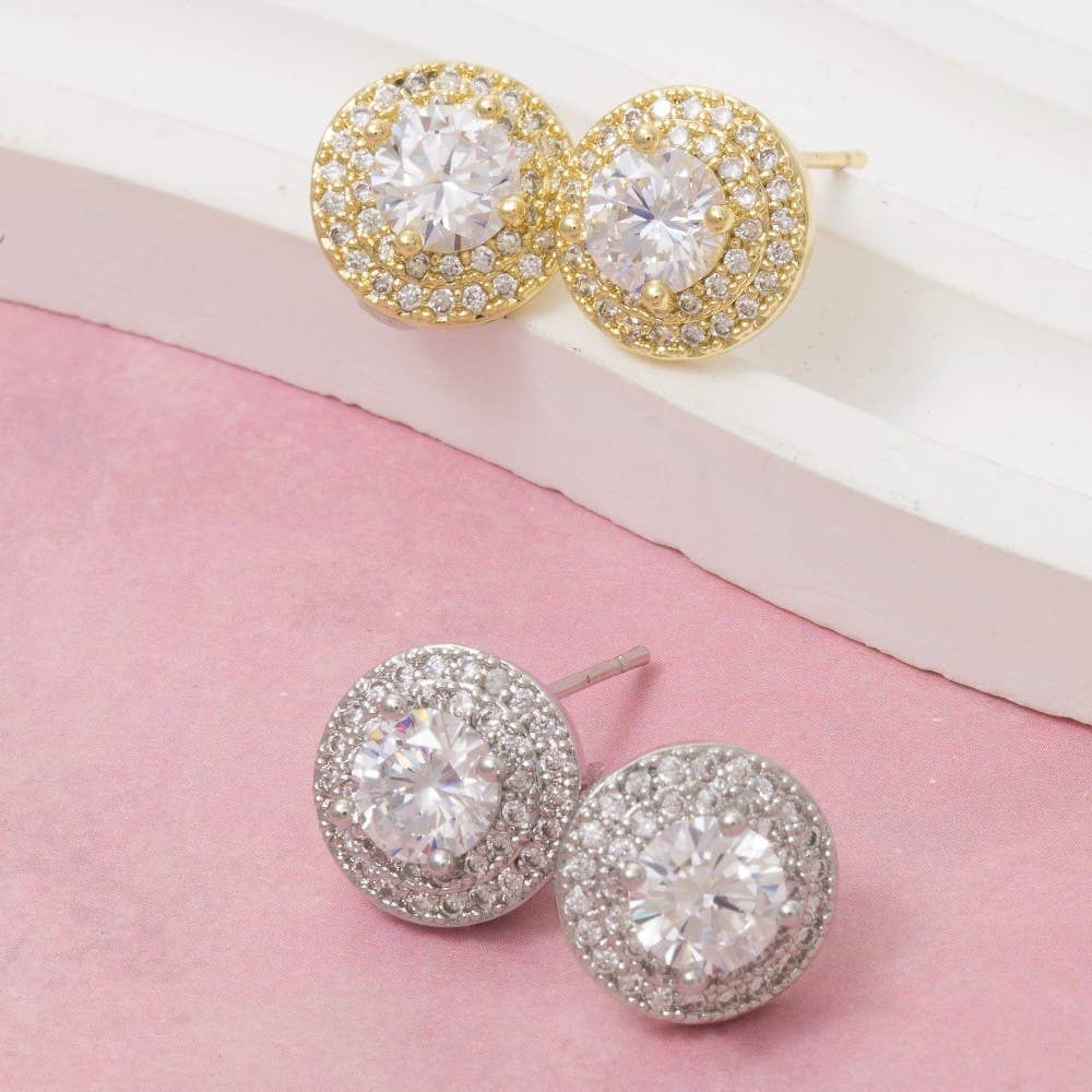 Gold Dipped Cz Double Halo Stud Earrings