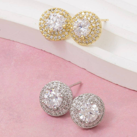 Gold Dipped Cz Double Halo Stud Earrings