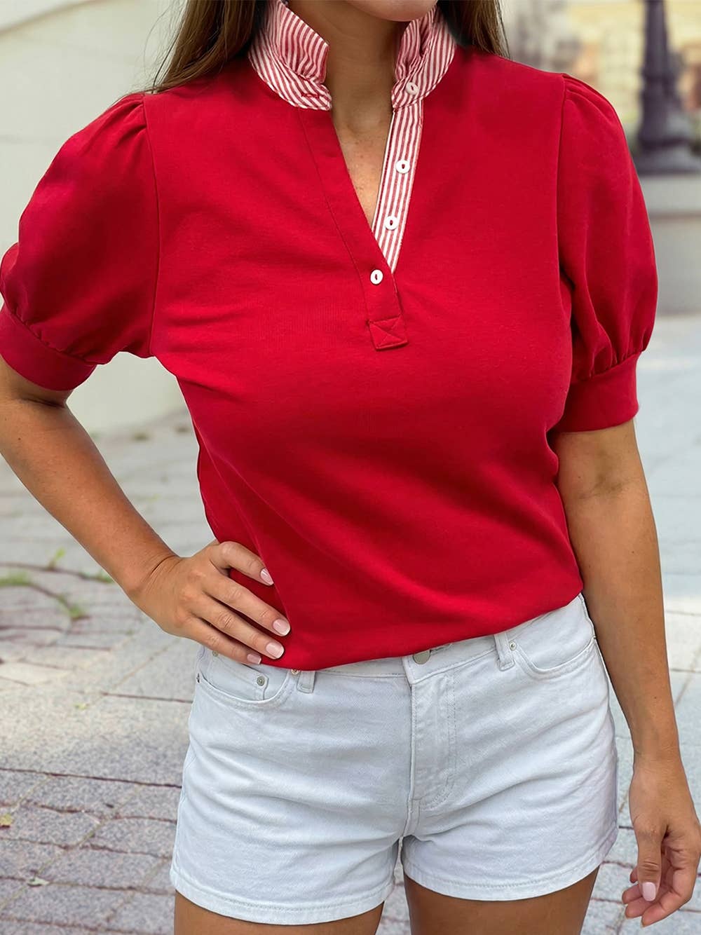 Striped Frilled Collar Short Sleeve Top
