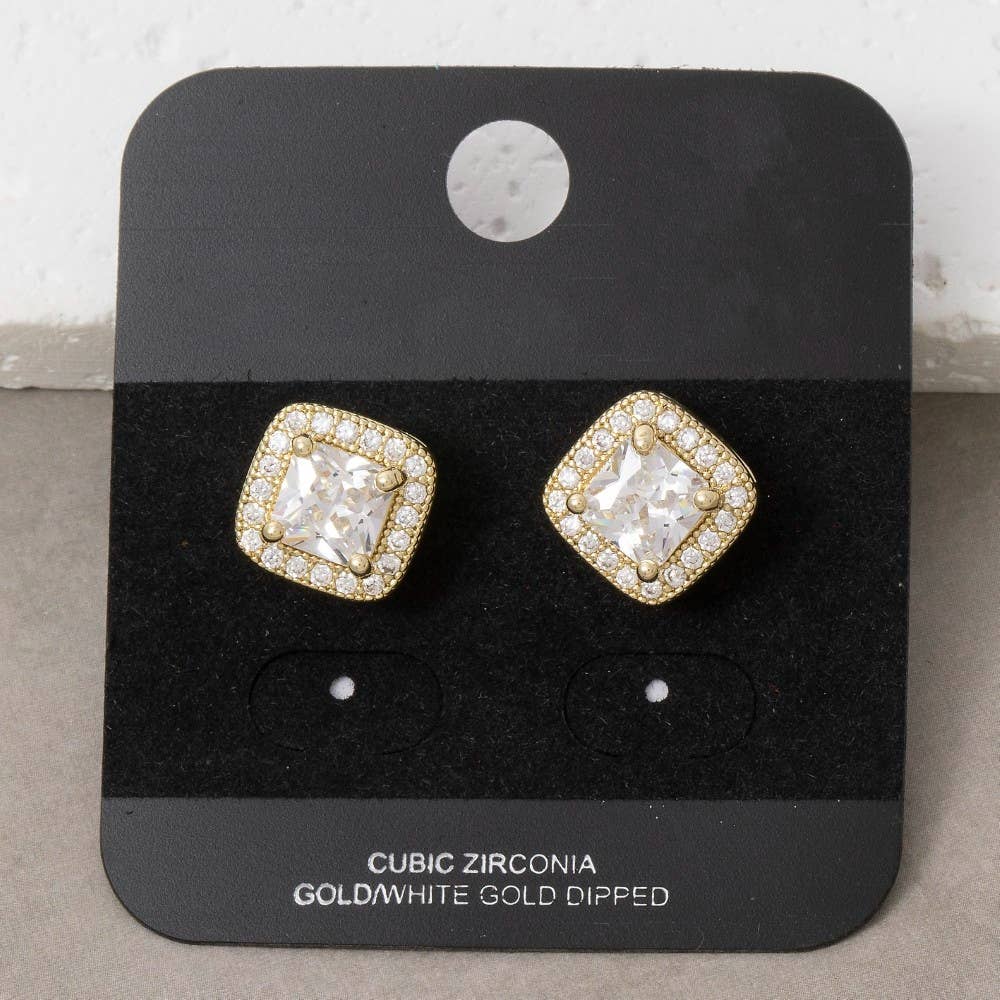 Gold Dipped Square Halo Cz Stud Earrings