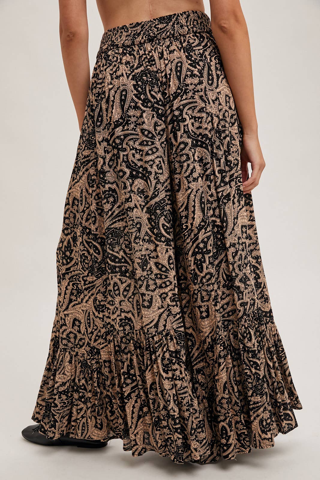 PAISLEY PRINT WIDE RUFFLED PANTS