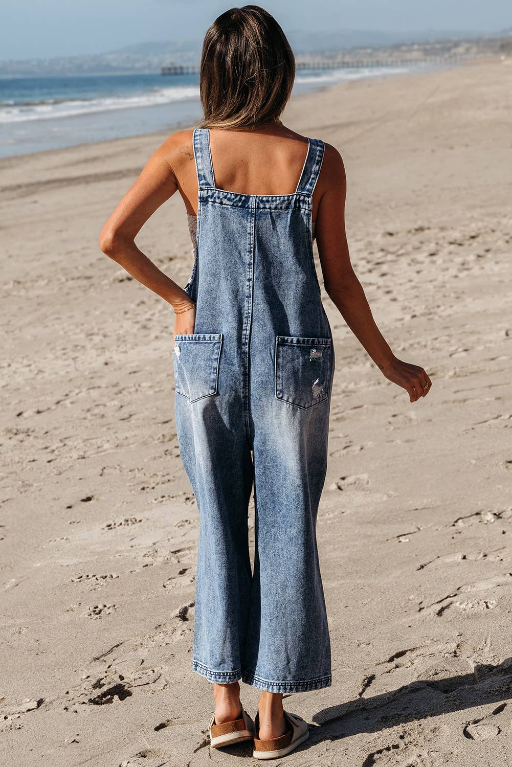 Distressed Pocketed Wide Leg Capri Denim Overall  LT DENIM