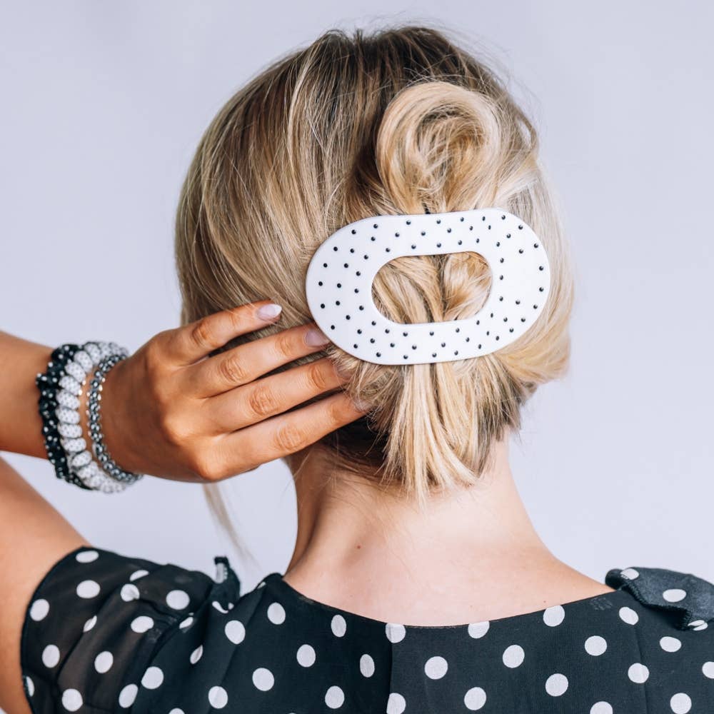 TELETIES - White Polka Dot Party Large Flat Round Hair Clip