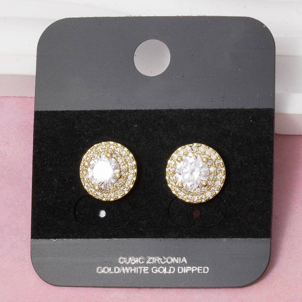 Gold Dipped Cz Double Halo Stud Earrings