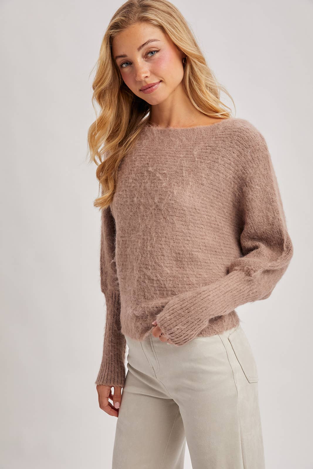 BOAT NECK BRUSHED FUZZY KNIT SWEATER