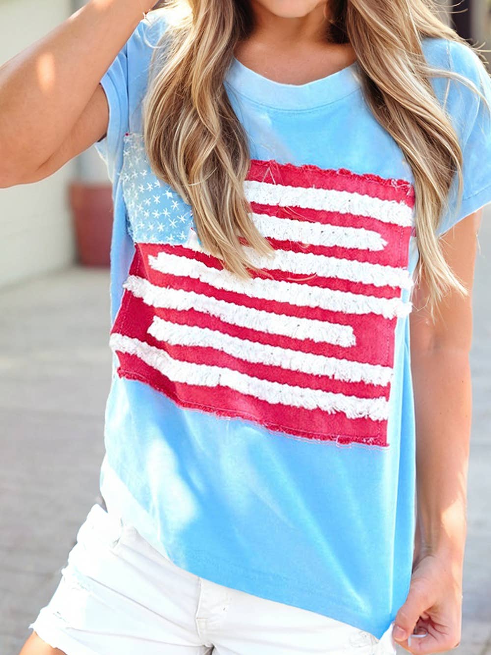 Mist Blue Textured USA Flag Cap Sleeve Top