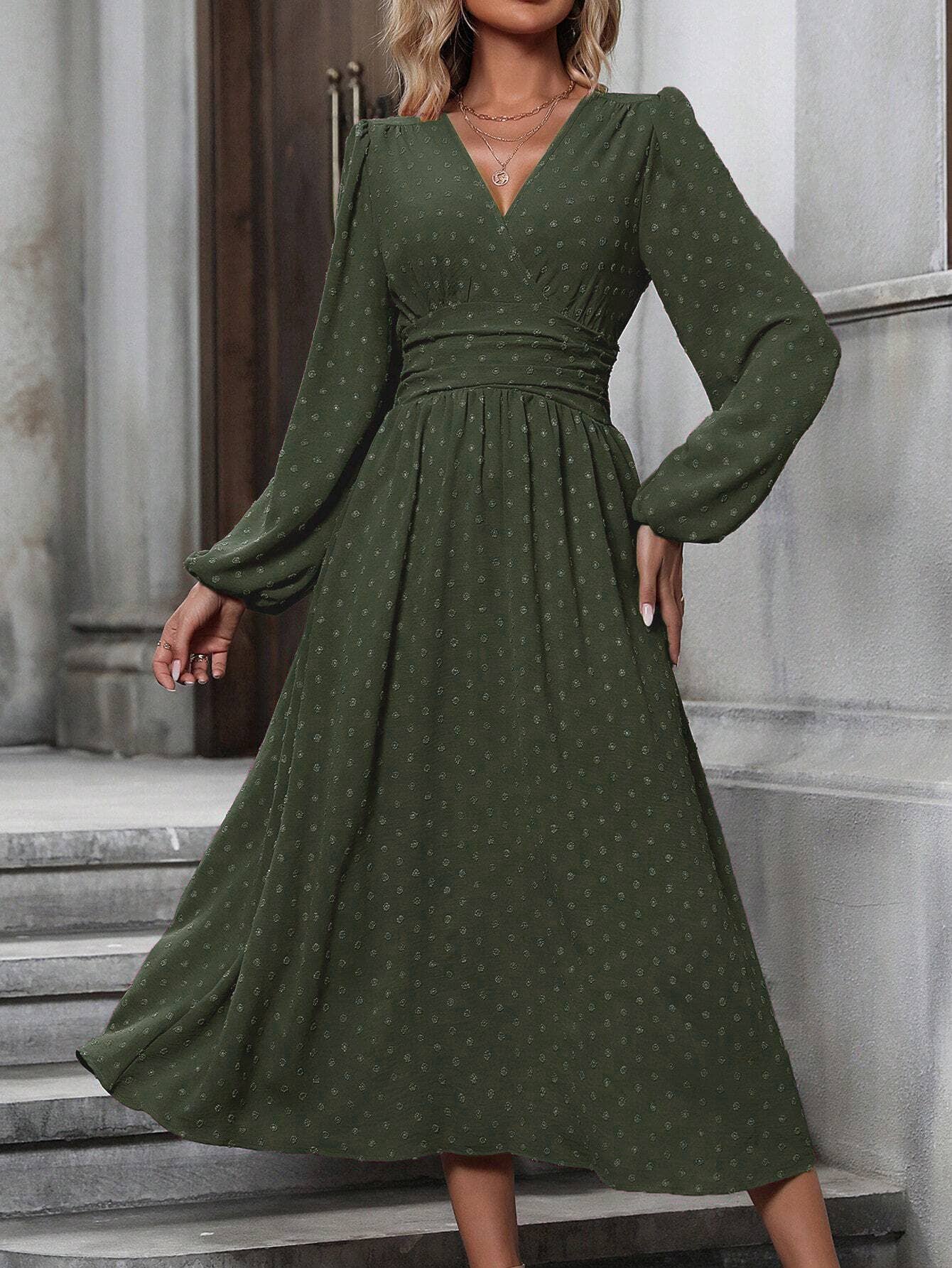 V Neck Lantern Sleeve Pleated High Waist Smocked Dress