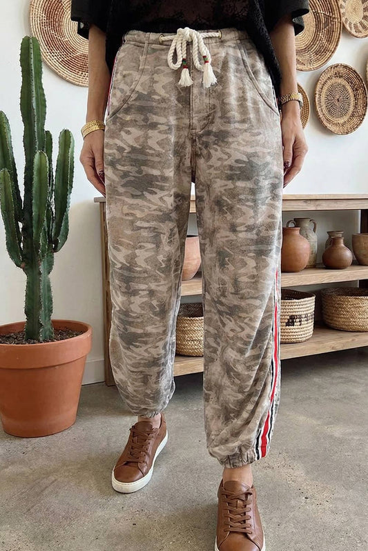 Camouflage Striped Side Panel Patchwork Drawstring Pants