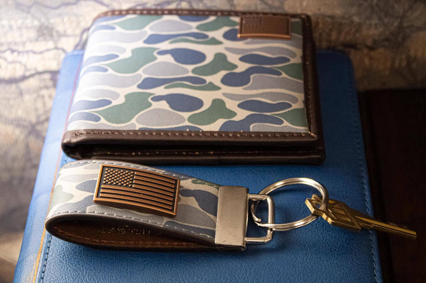 USA Flag Old School Camo Leather Loop Keychain.