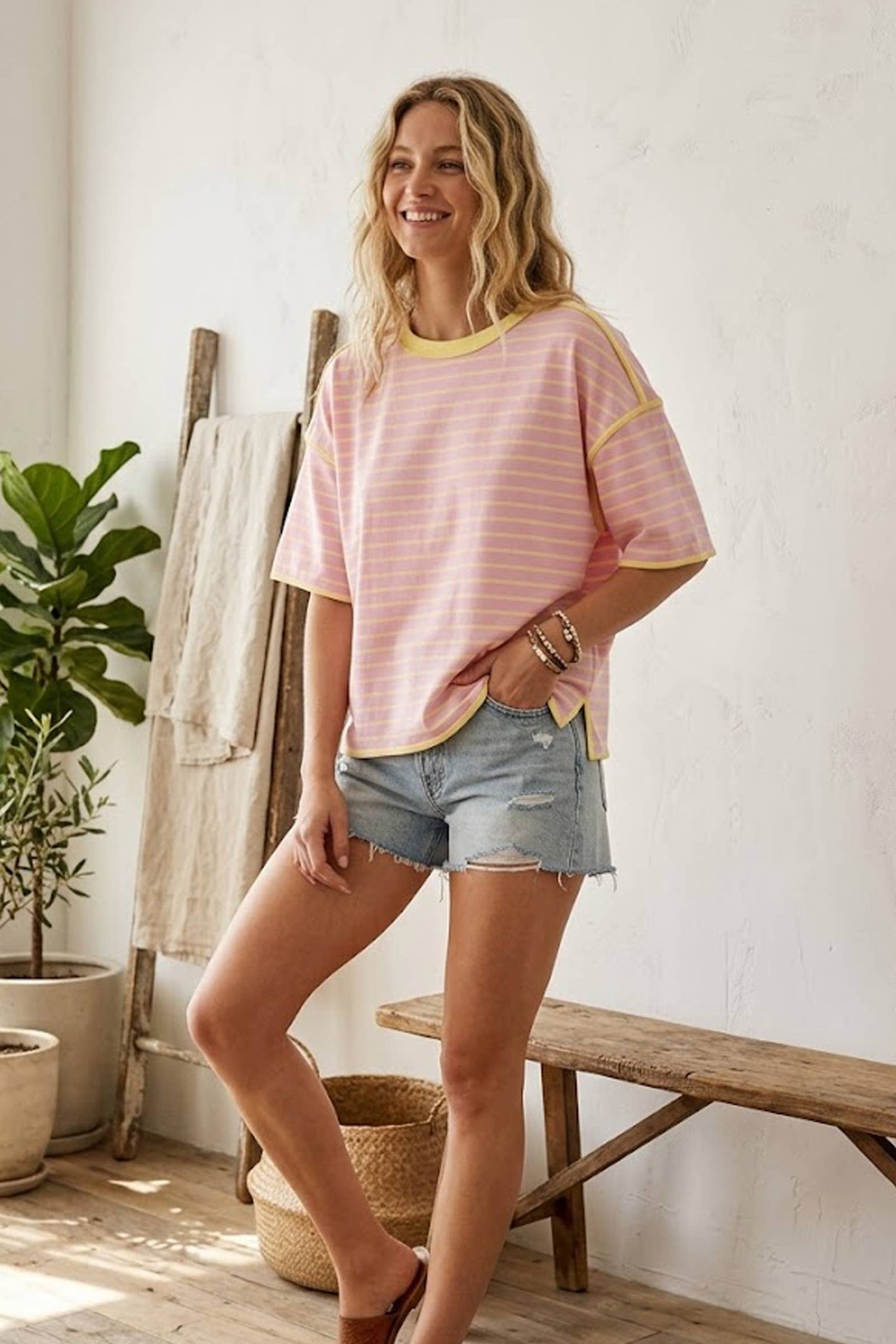 Sewn and Seen - Striped Relaxed Fit Knit Tee: MINT/BLUE / S