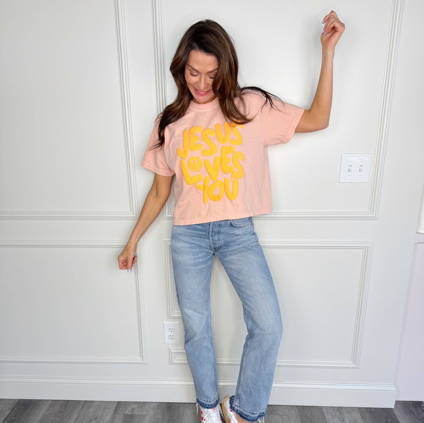 Smiley Jesus Loves You Puff Cropped Tee