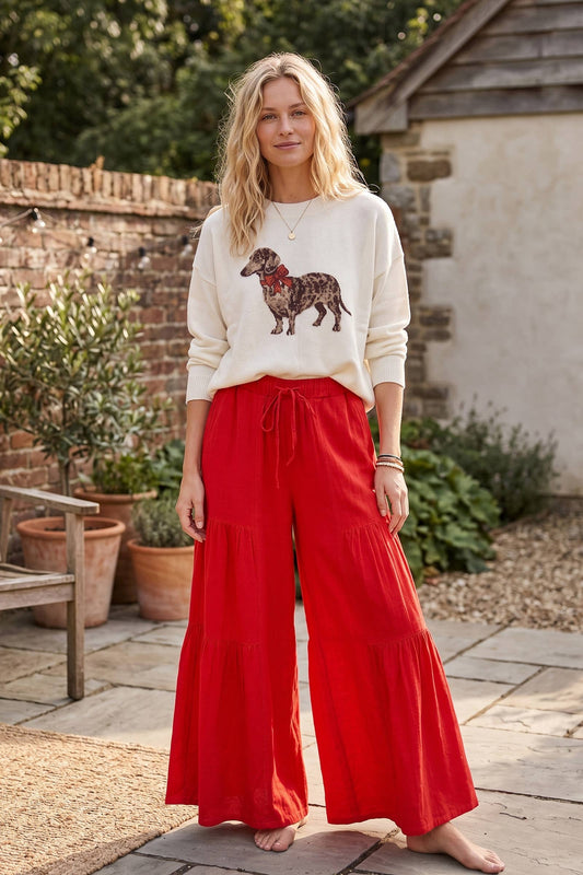 Sewn and Seen - Linen Blend Tiered Wide Leg Palazzo Full Length Pants
