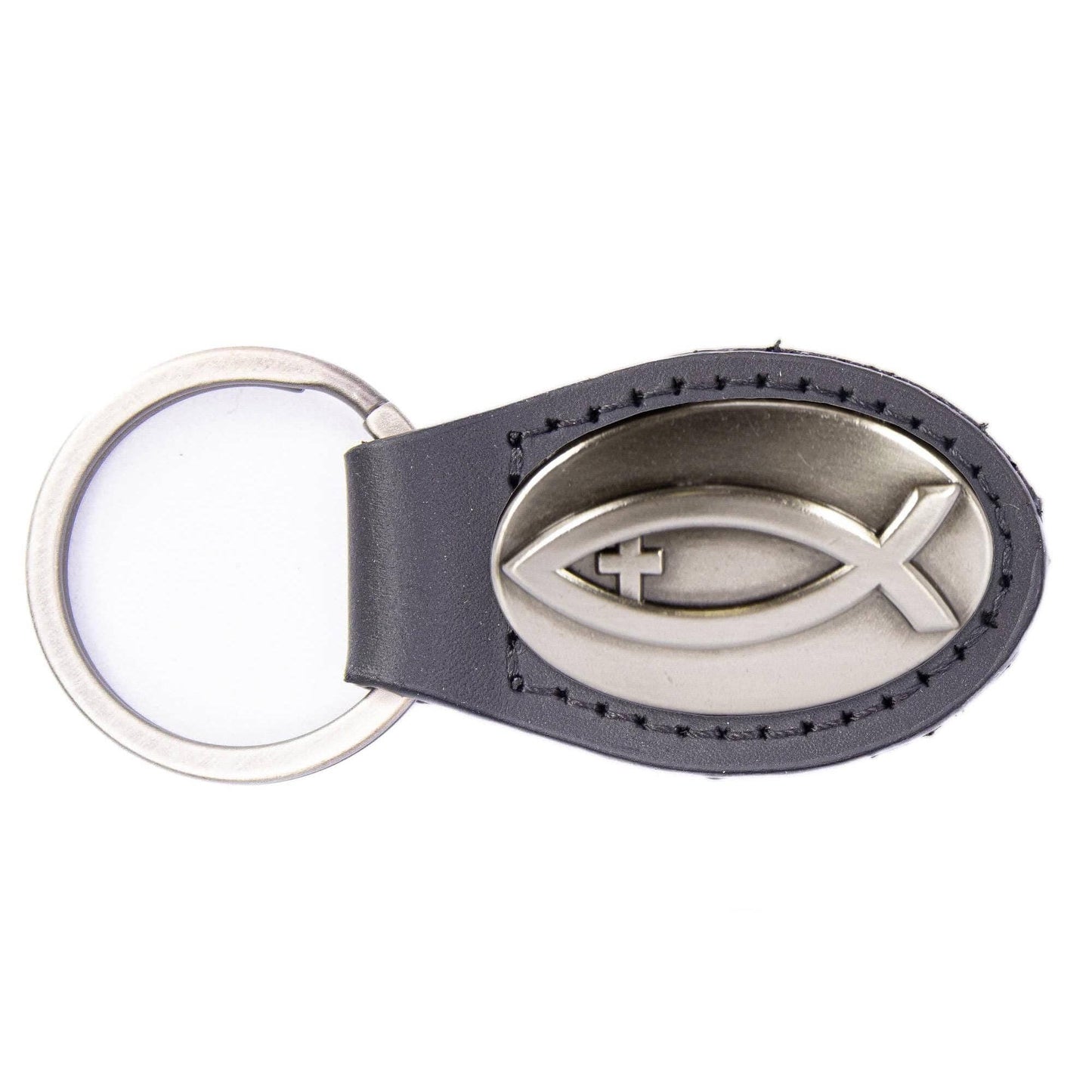 Jesus Fish Oval Leather Keychain