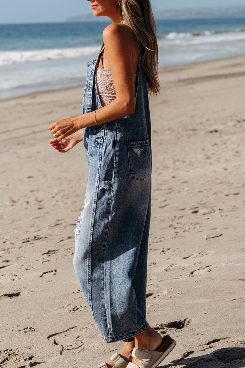 Distressed Pocketed Wide Leg Capri Denim Overall  LT DENIM