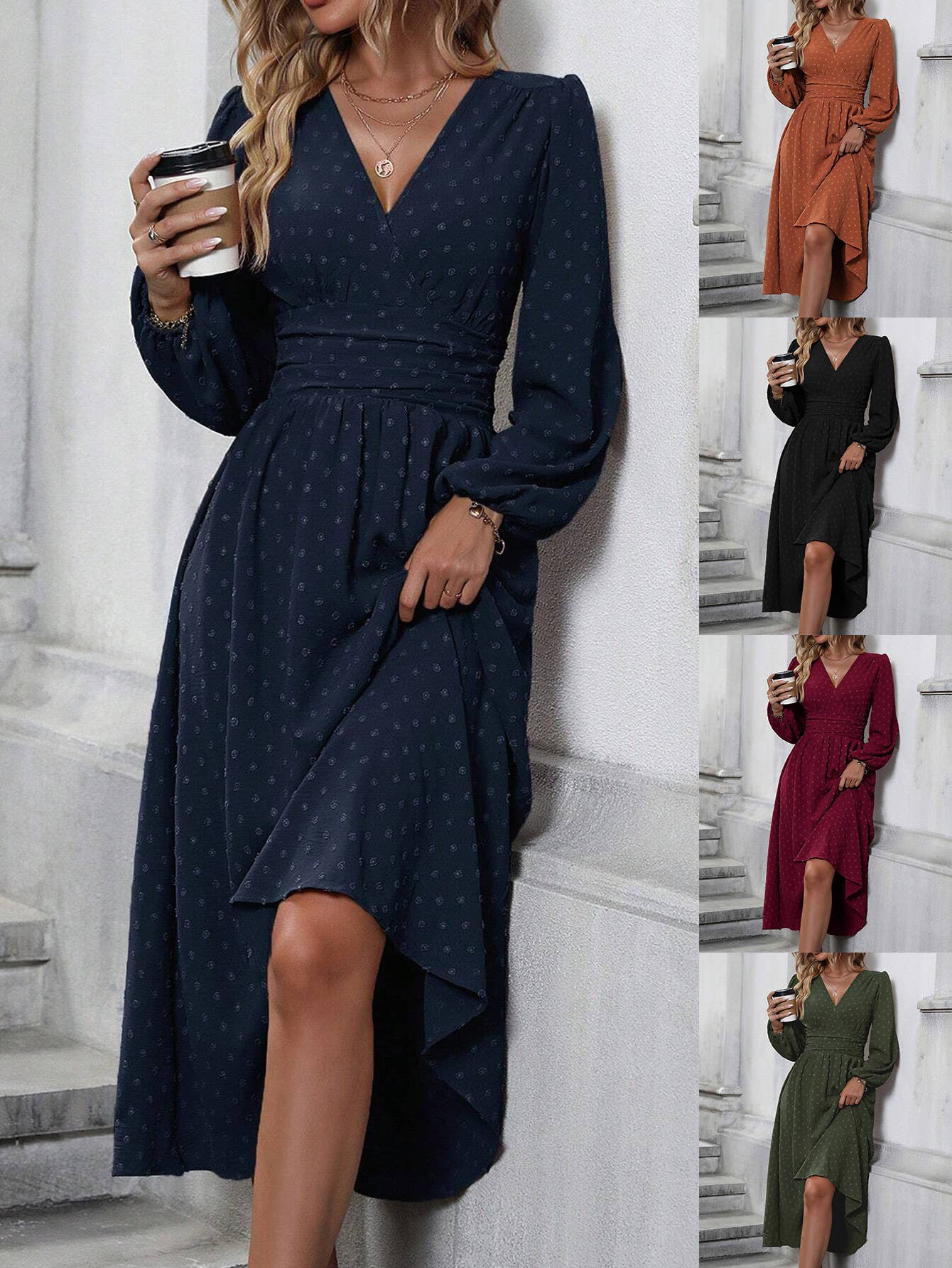 V Neck Lantern Sleeve Pleated High Waist Smocked Dress