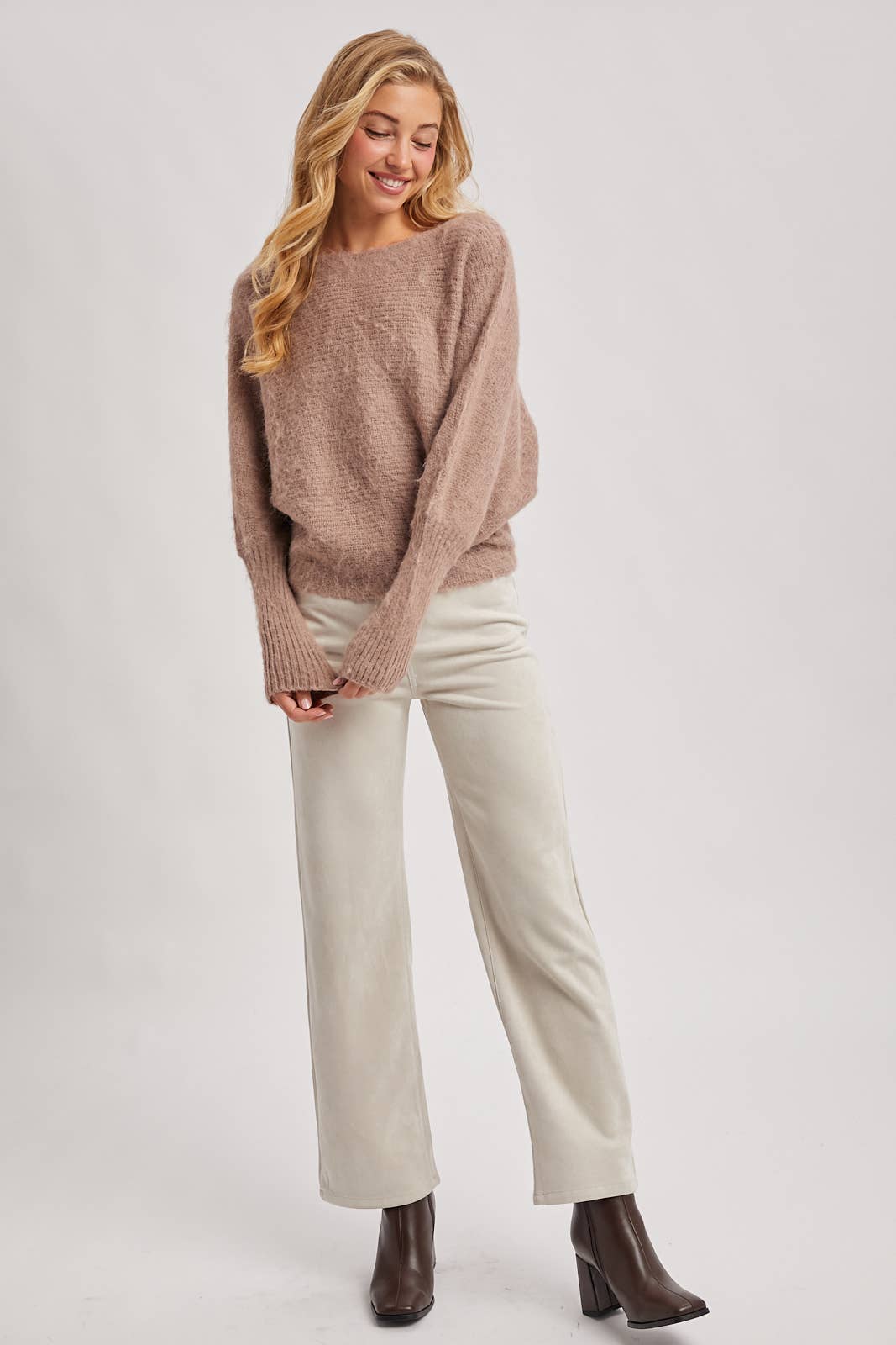 BOAT NECK BRUSHED FUZZY KNIT SWEATER