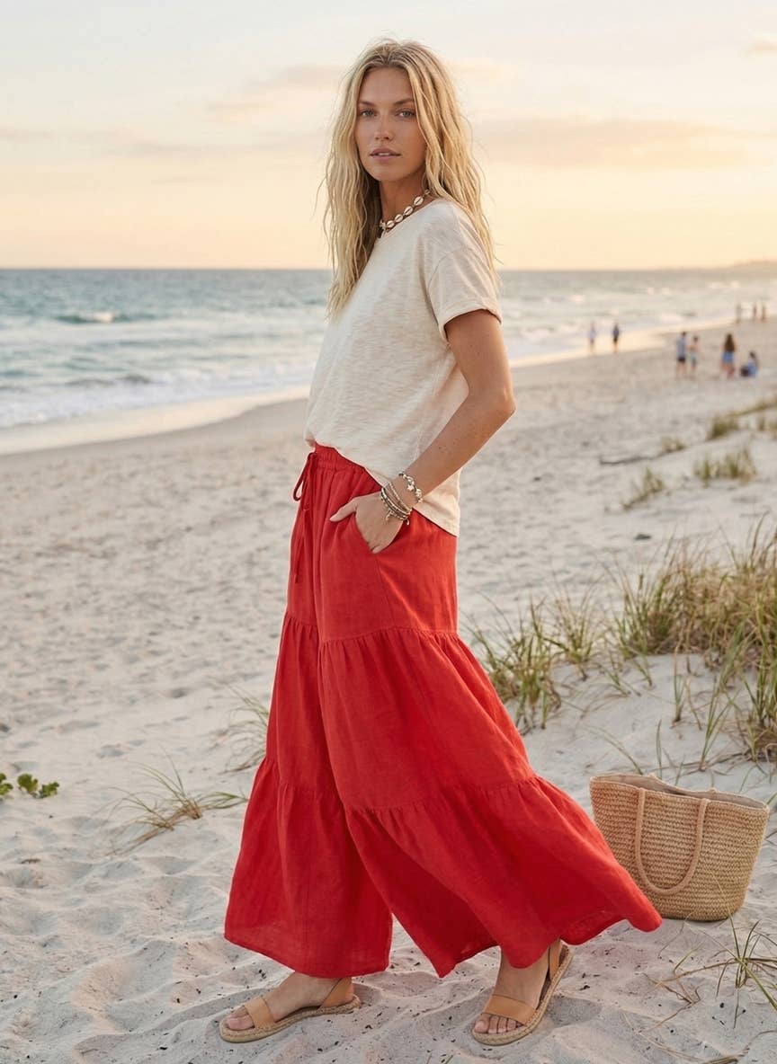 Sewn and Seen - Linen Blend Tiered Wide Leg Palazzo Full Length Pants