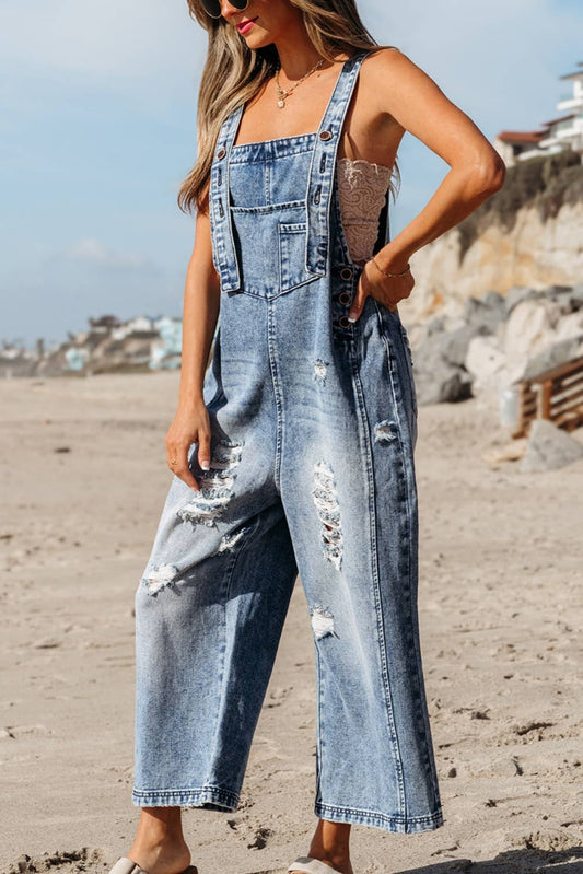 Distressed Pocketed Wide Leg Capri Denim Overall  LT DENIM