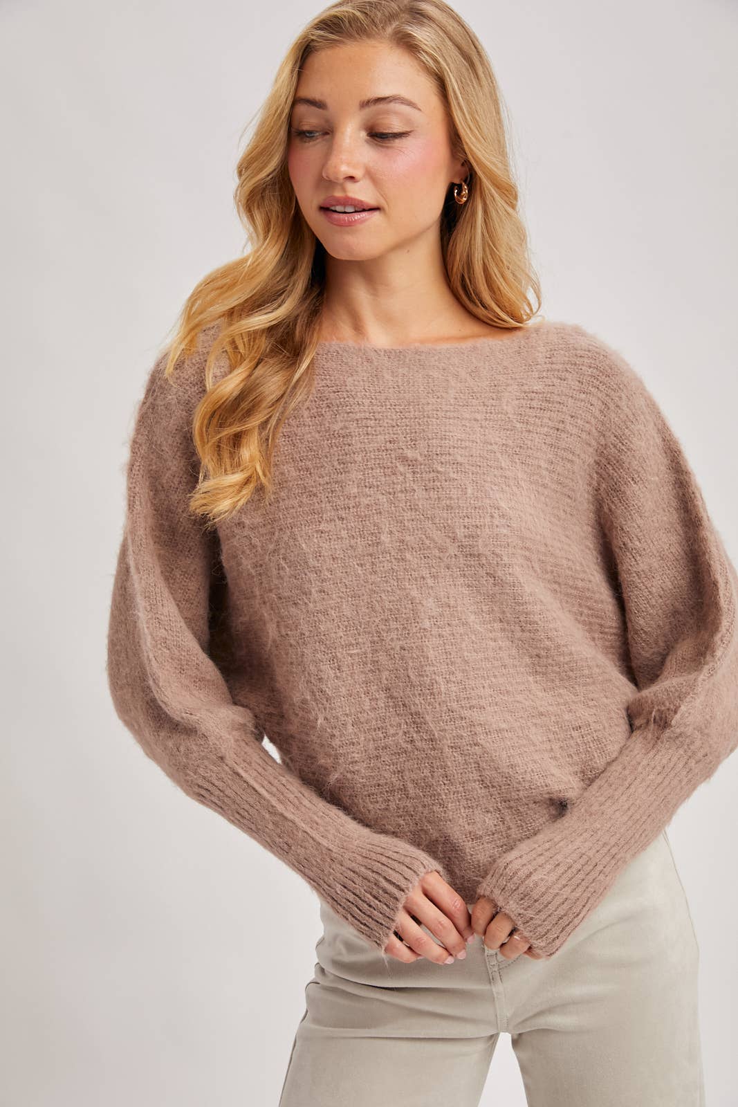 BOAT NECK BRUSHED FUZZY KNIT SWEATER