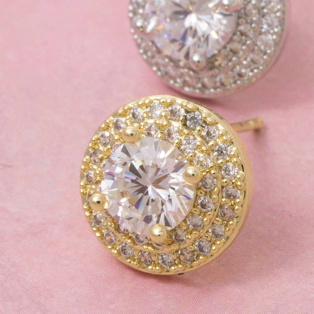 Gold Dipped Cz Double Halo Stud Earrings