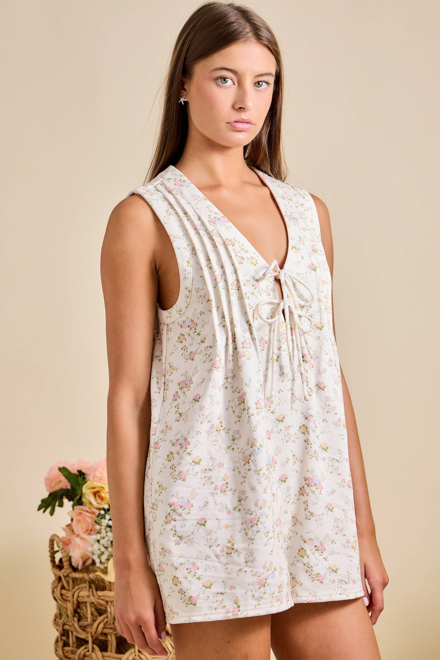 Ivory Floral Tie Front Sleeveless Romper