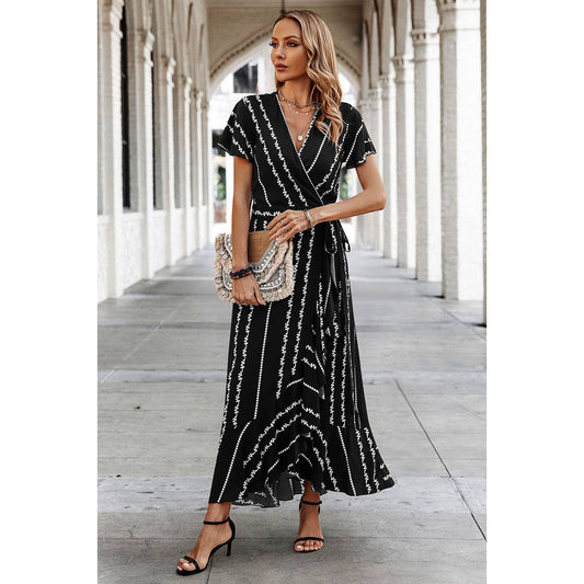Strip Knot Belt Split V Neck Hem Ruffle Fit Dress