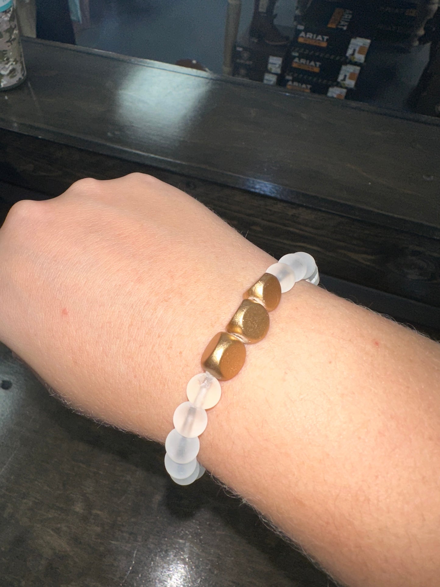 Gold Wooden Bead and Clear Bead Bracelet