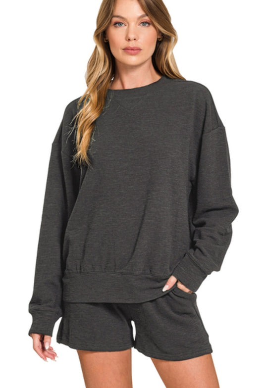 SLUB PULLOVER & SHORTS SET - BLACK