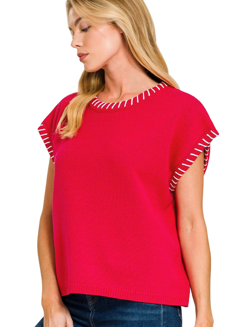 STITCH DETAIL OVERSIZE SWEATER VEST - RUBY