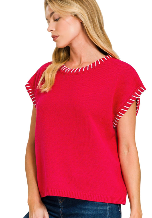STITCH DETAIL OVERSIZE SWEATER VEST - RUBY