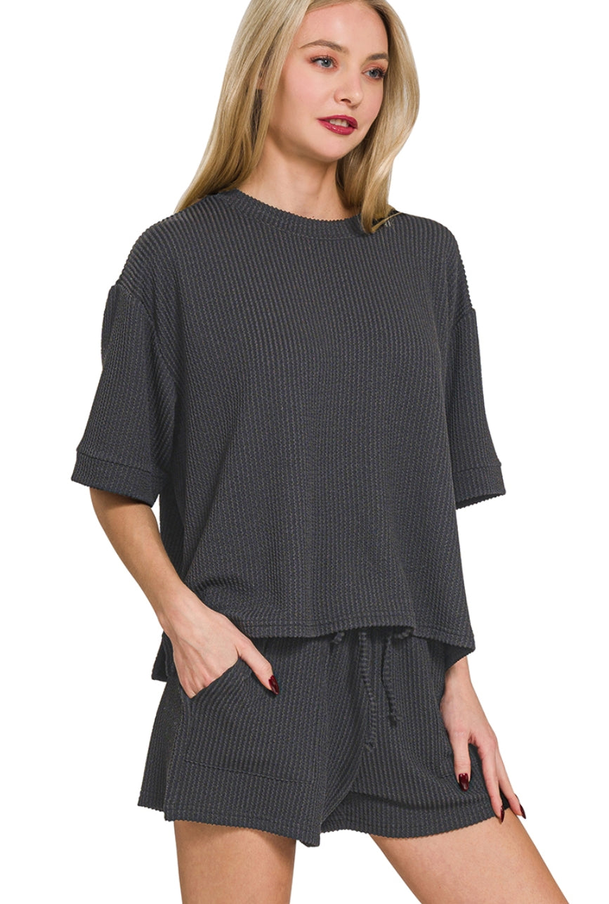 RAISED RIB SHORT SLEEVE TEE & SHORTS SET - BLACK