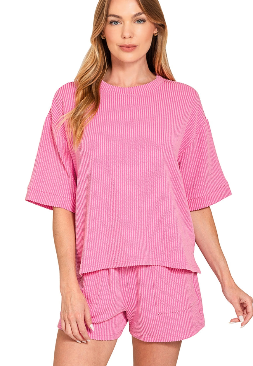 RAISED RIB SHORT SLEEVE TEE & SHORTS SET - CANDY PINK
