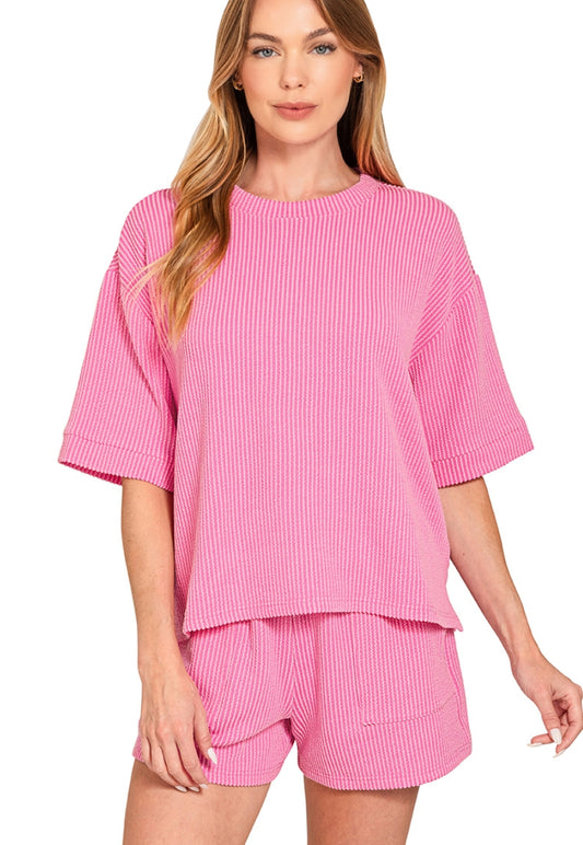 RAISED RIB SHORT SLEEVE TEE & SHORTS SET - CANDY PINK