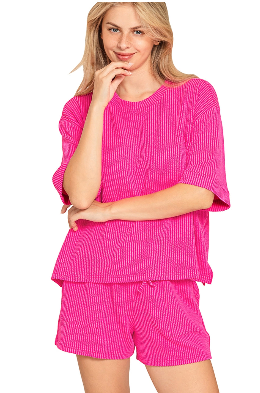 RAISED RIB SHORT SLEEVE TEE & SHORTS SET - HOT PINK