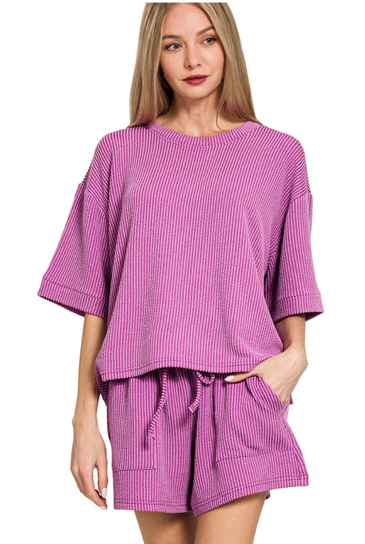 RAISED RIB SHORT SLEEVE TEE & SHORTS SET - LT PLUM