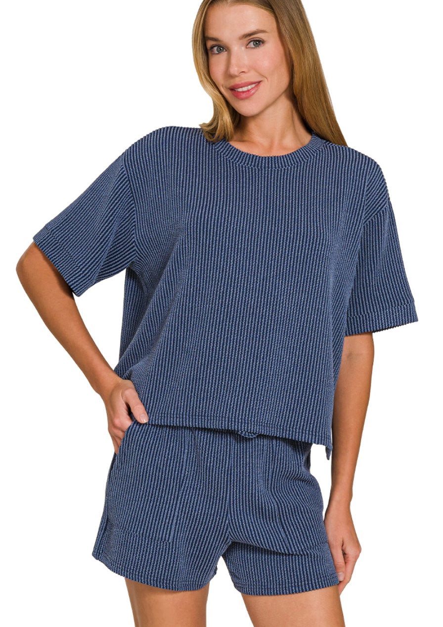 RAISED RIB SHORT SLEEVE TEE & SHORTS SET - NAVY
