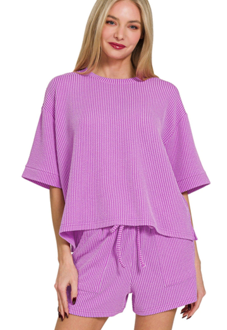 RAISED RIB SHORT SLEEVE TEE & SHORTS SET - SPRING VIOLET