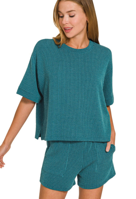 RAISED RIB SHORT SLEEVE TEE & SHORTS SET - TEAL