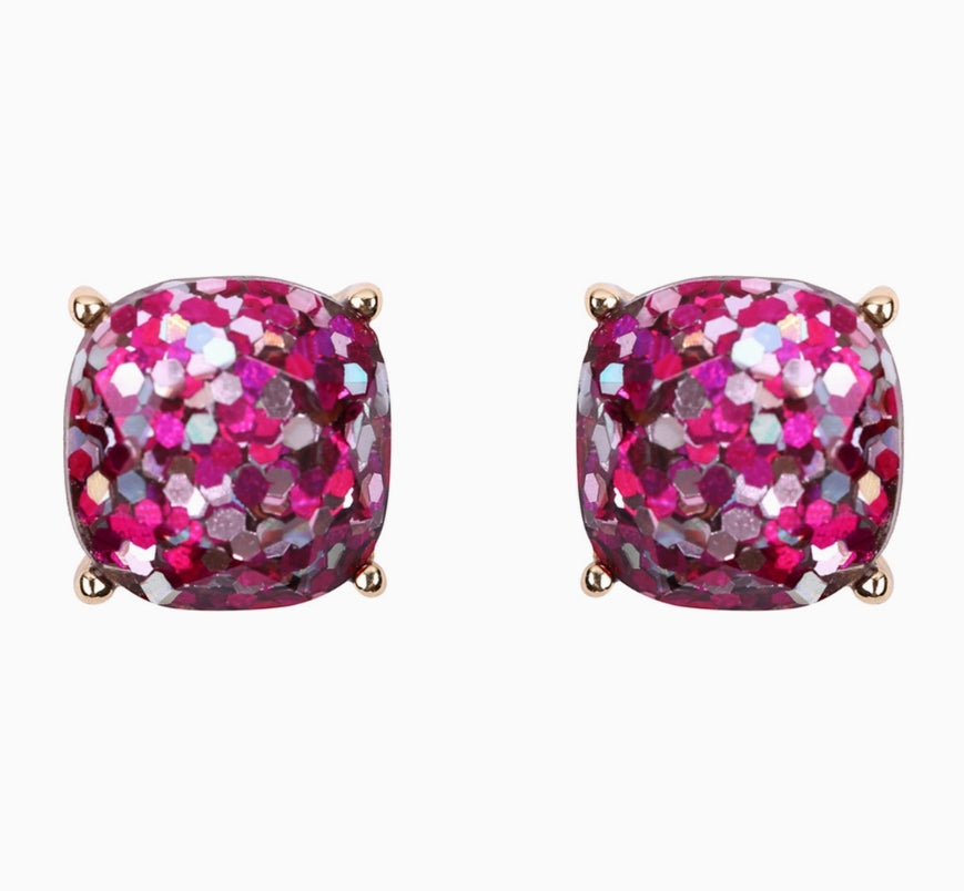 FACETED CUSHION GLITTER ACRYLIC POST EARRINGS