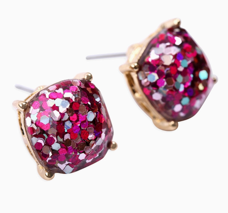 FACETED CUSHION GLITTER ACRYLIC POST EARRINGS